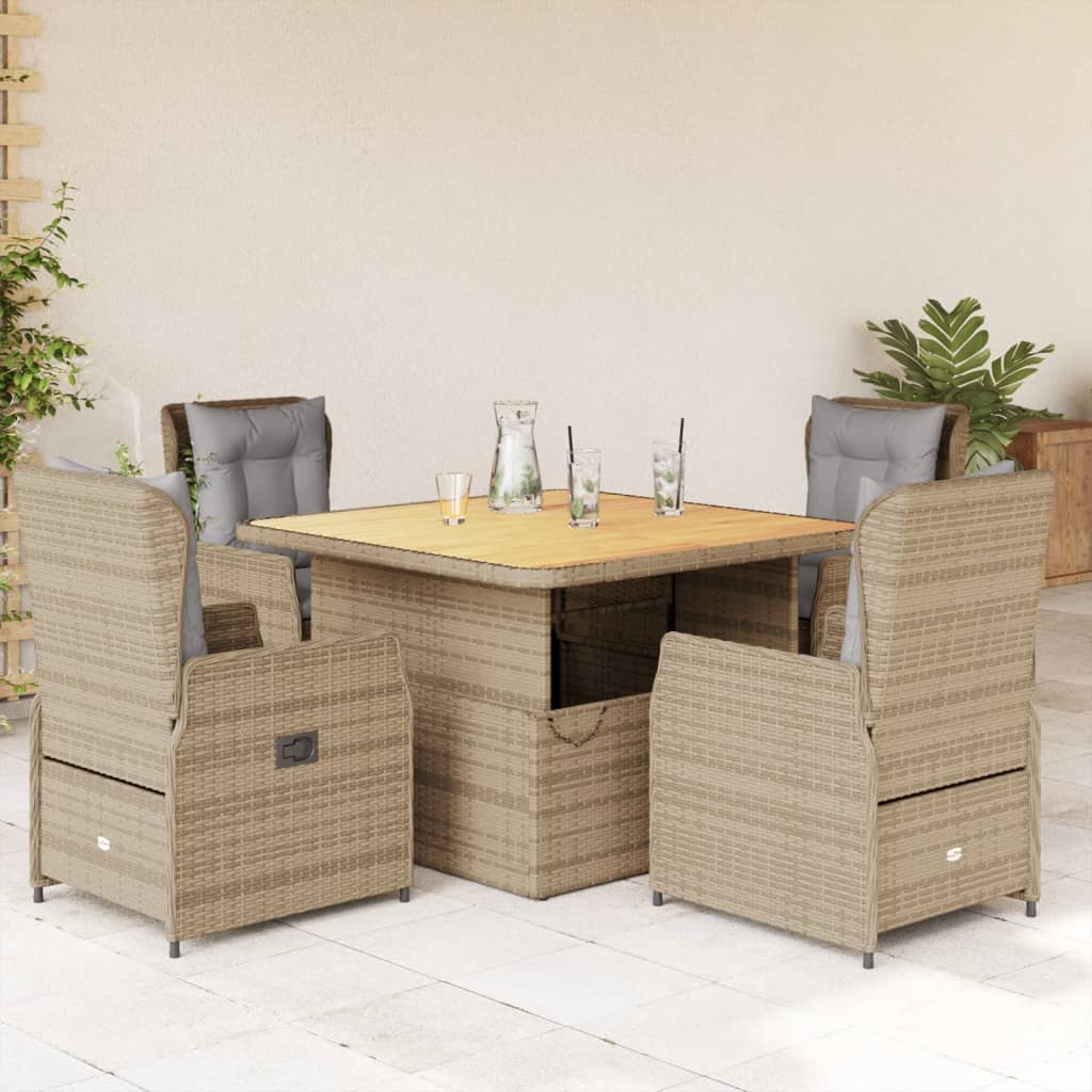 5-tlg. Garten-Essgruppe mit Kissen Beige Poly Rattan