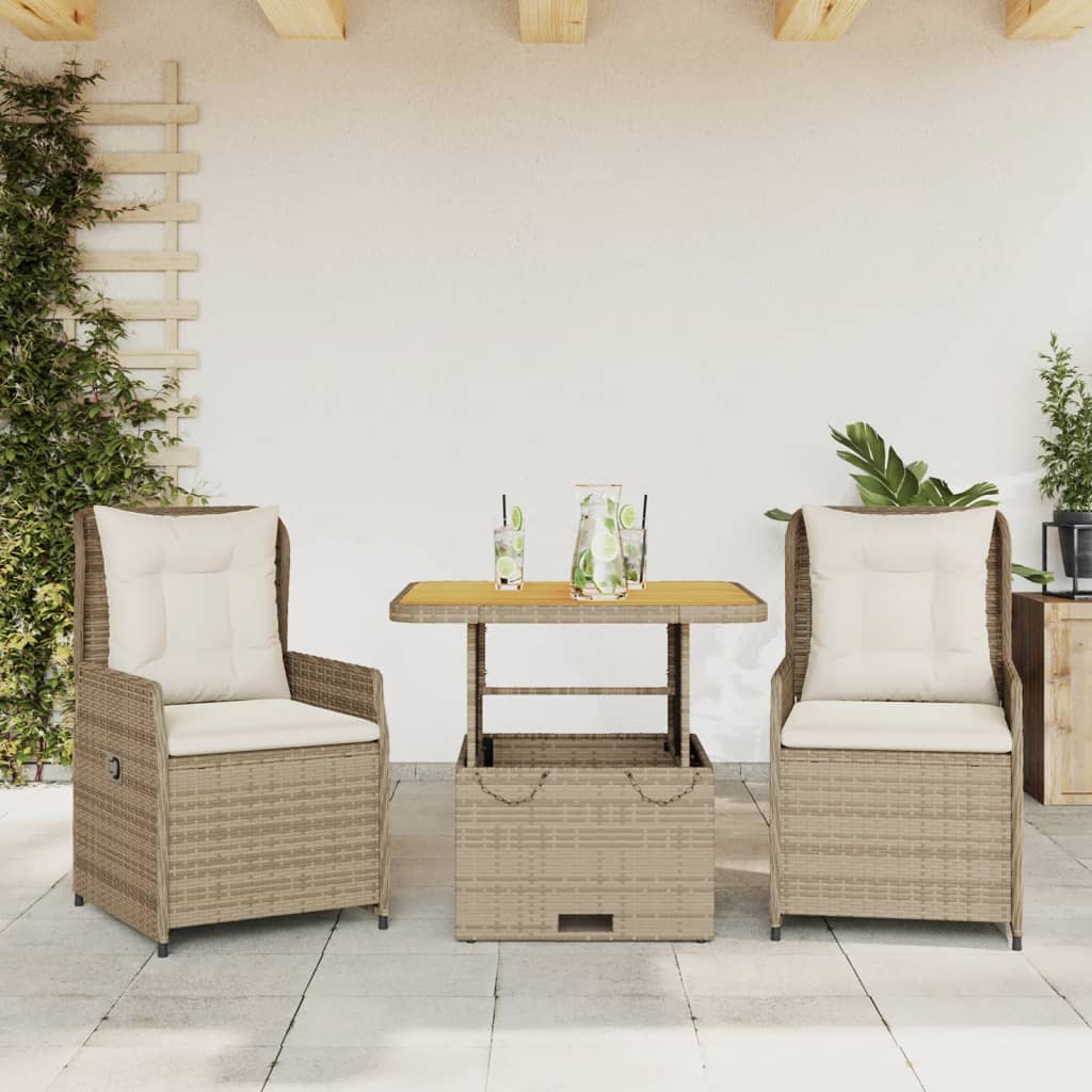 3-tlg. Bistro-Set mit Kissen Beige Poly Rattan