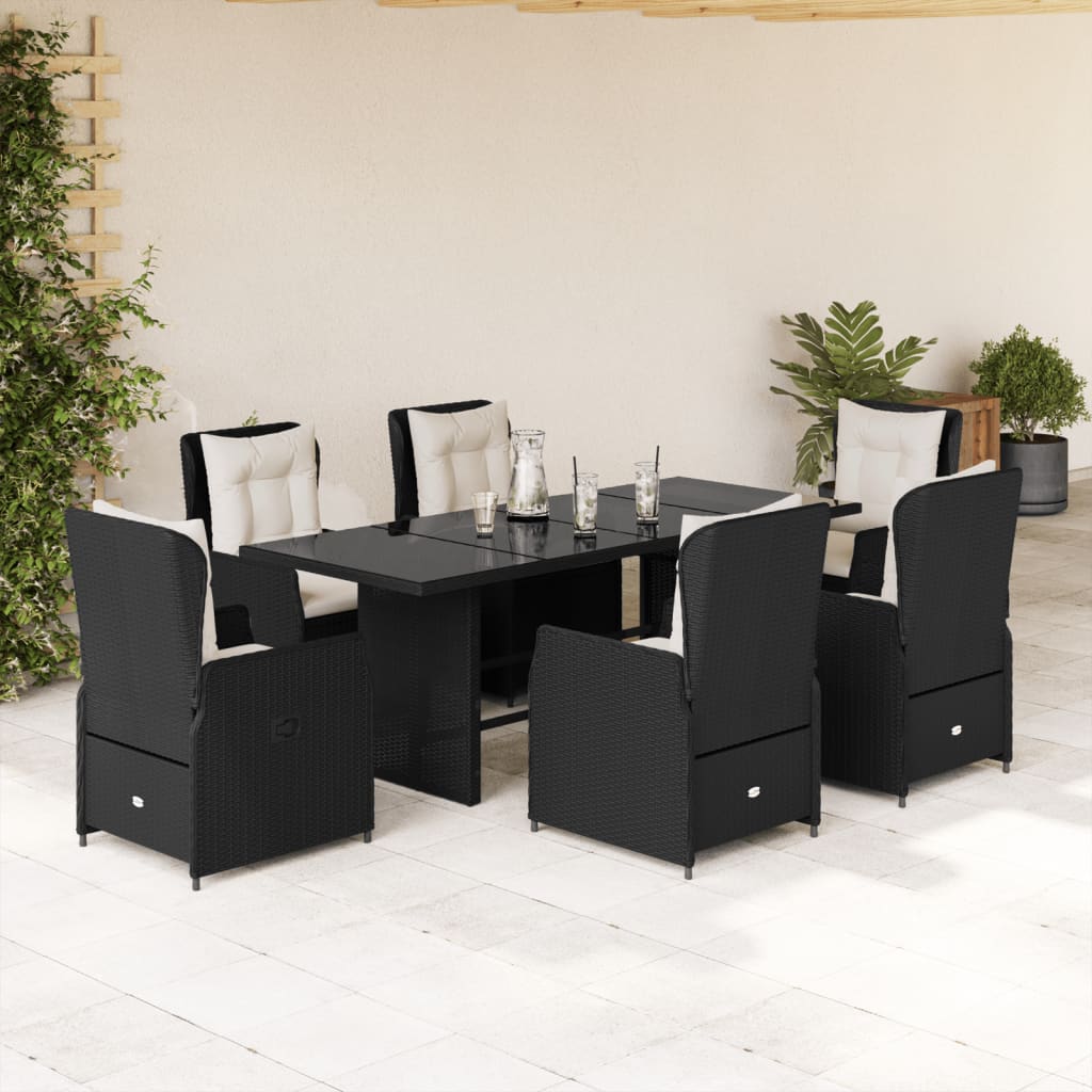 vidaXL 7-tlg. Garten-Essgruppe mit Kissen Schwarz Poly Rattan