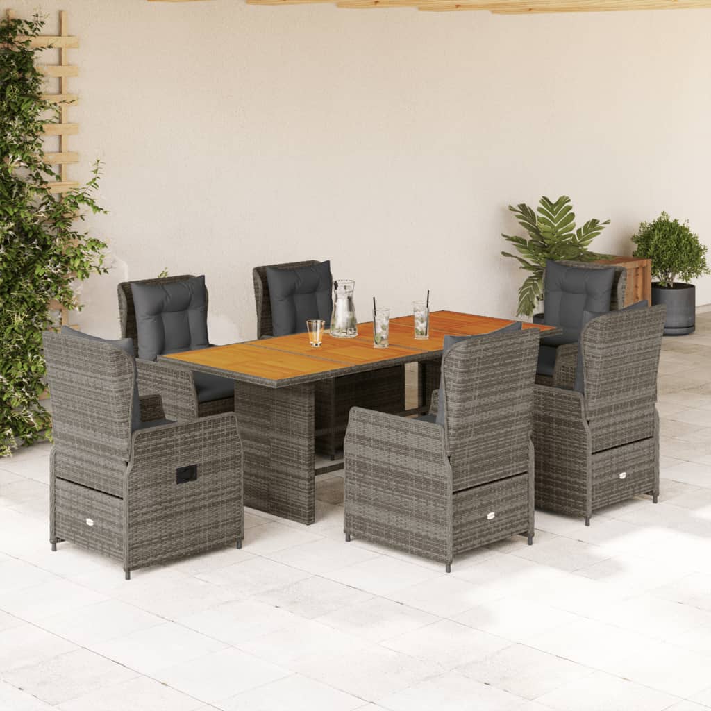 vidaXL 7-tlg. Garten-Essgruppe mit Kissen Grau Poly Rattan