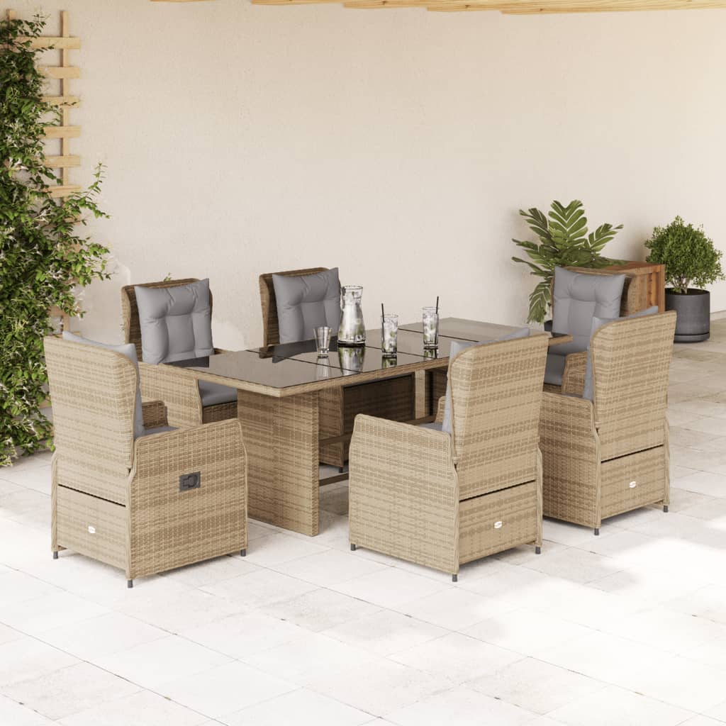 vidaXL Set de masă pentru grădină, 7 piese, cu perne, bej, poliratan