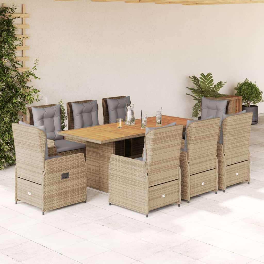 vidaXL Set de masă pentru grădină, 9 piese, cu perne, bej, poliratan