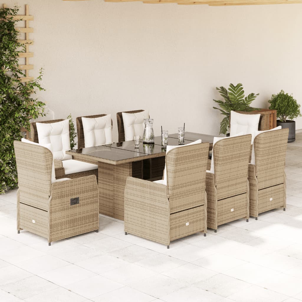 Spisebordssæt til haven med hynder og lænestole i polyrattan - beige