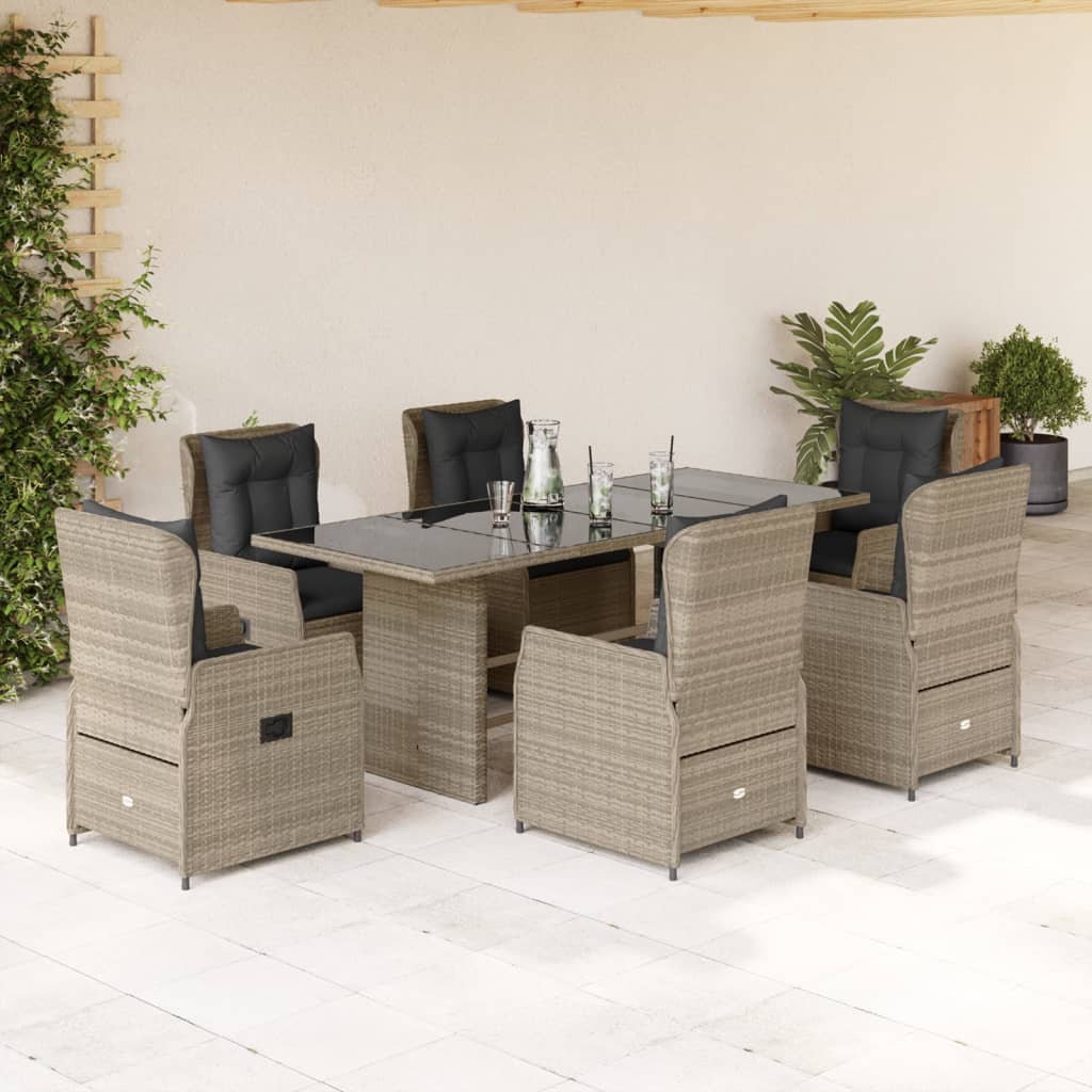 vidaXL 7-tlg. Garten-Essgruppe mit Kissen Hellgrau Poly Rattan