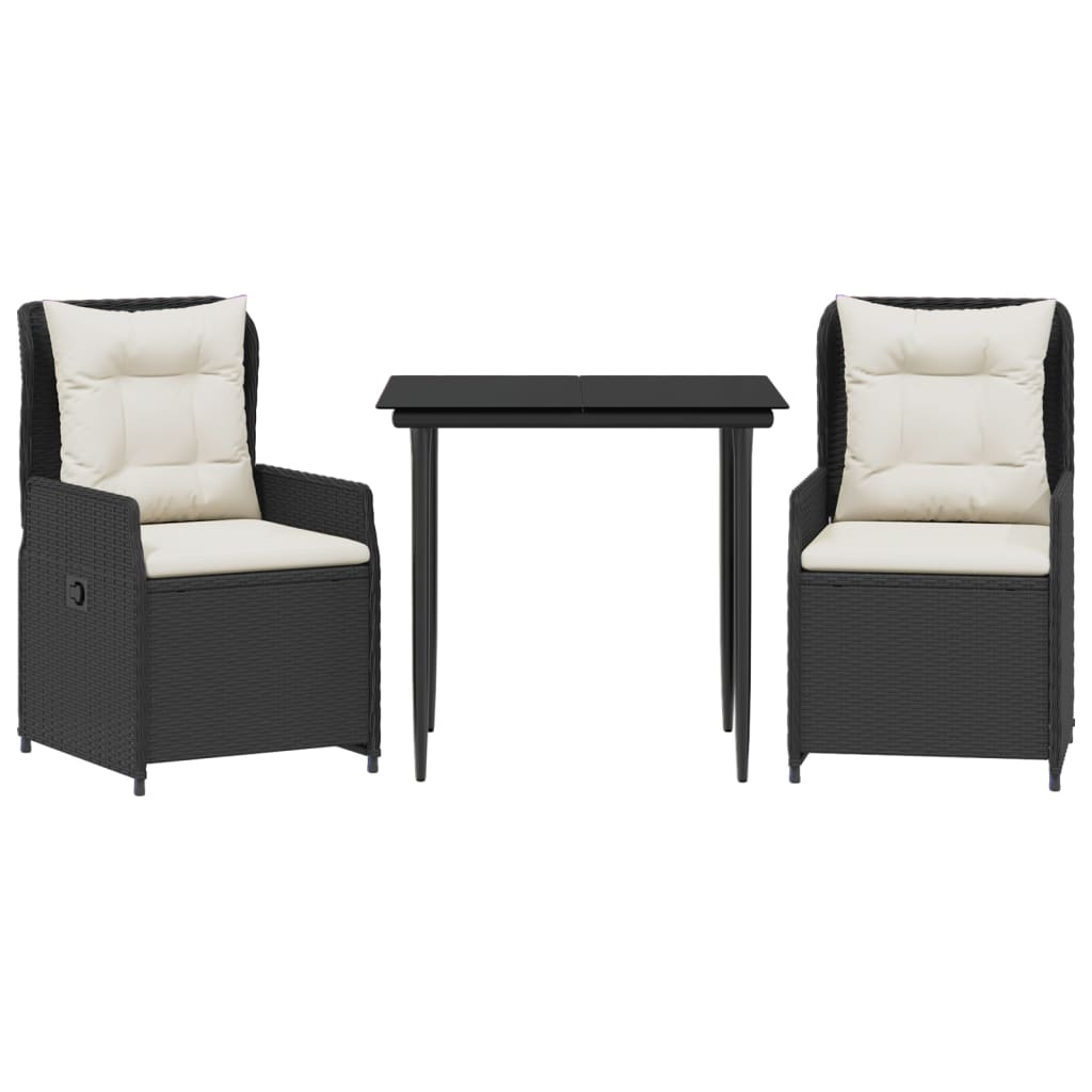 vidaXL 3dílný zahradní jídelní set s poduškami černý polyratan