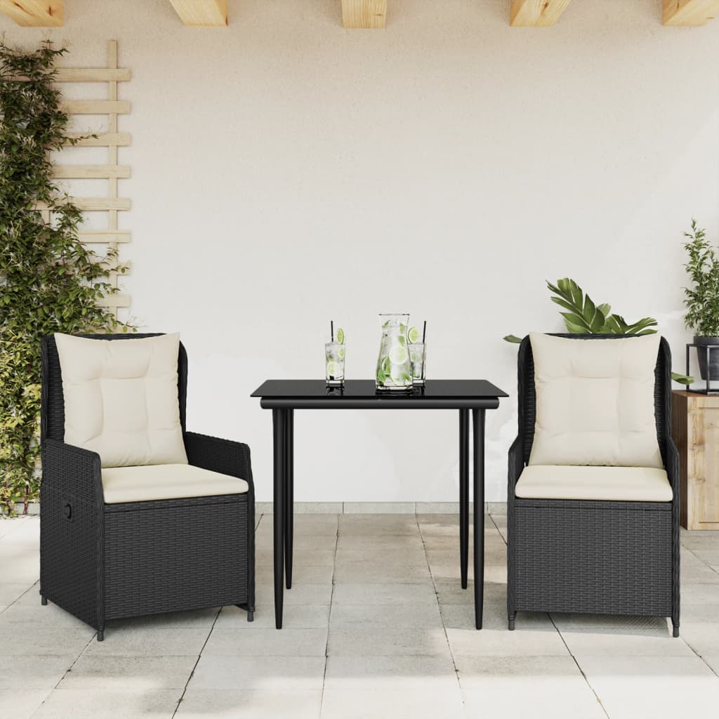 vidaXL Set mobilier de grădină cu perne, 3 piese, negru, poliratan