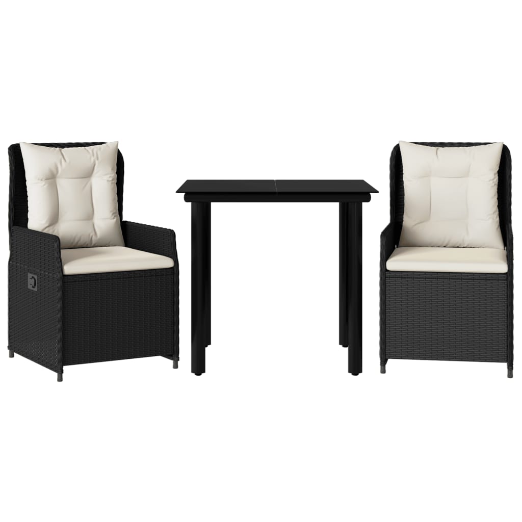 vidaXL 3dílný zahradní jídelní set s poduškami černý polyratan