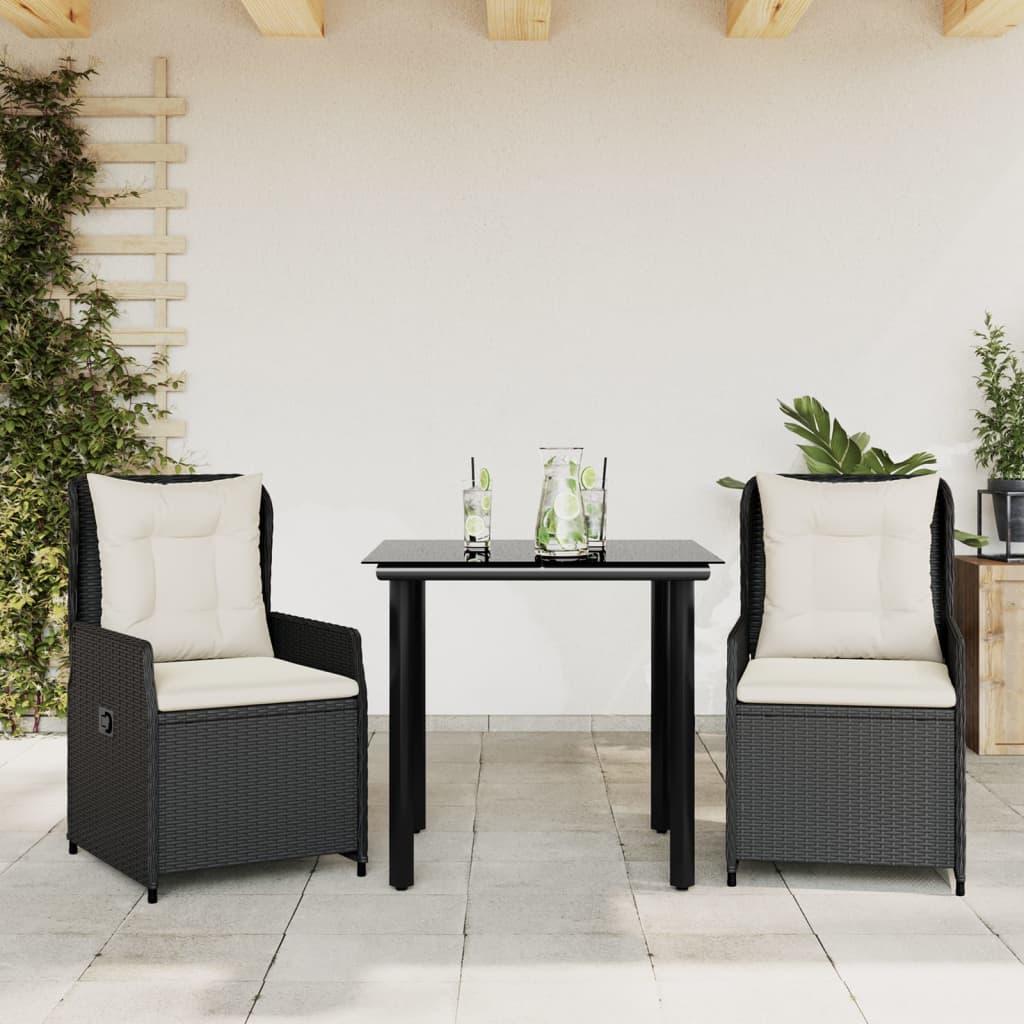 vidaXL Set mobilier de grădină cu perne, 3 piese, negru, poliratan