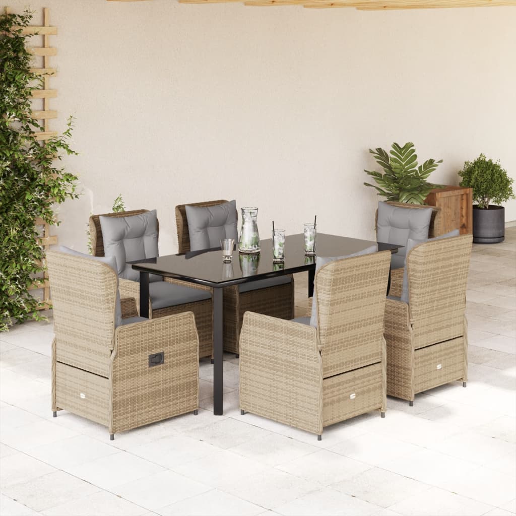 vidaXL Set de masă pentru grădină, 7 piese, cu perne, bej, poliratan