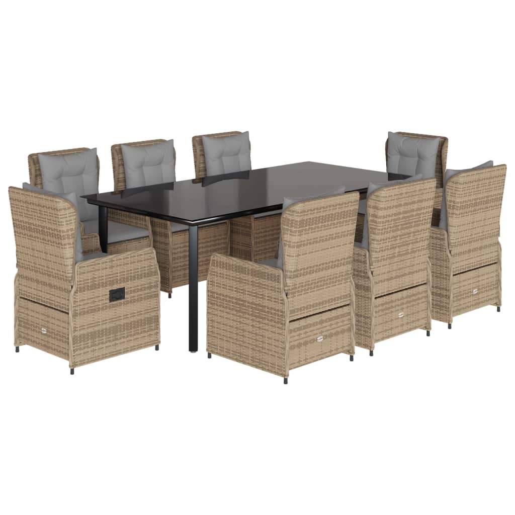 vidaXL Set de masă pentru grădină, 9 piese, cu perne, bej, poliratan