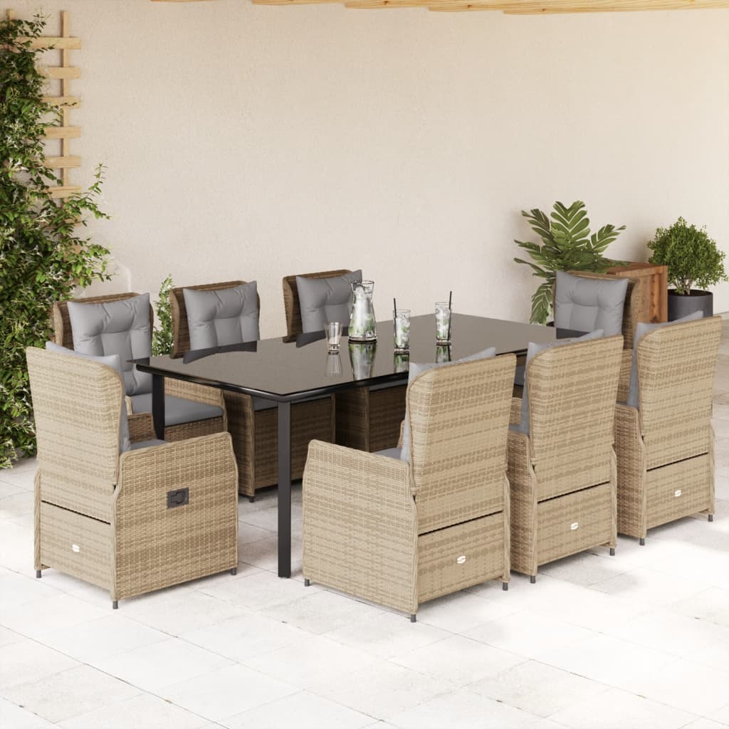vidaXL Set de masă pentru grădină, 9 piese, cu perne, bej, poliratan