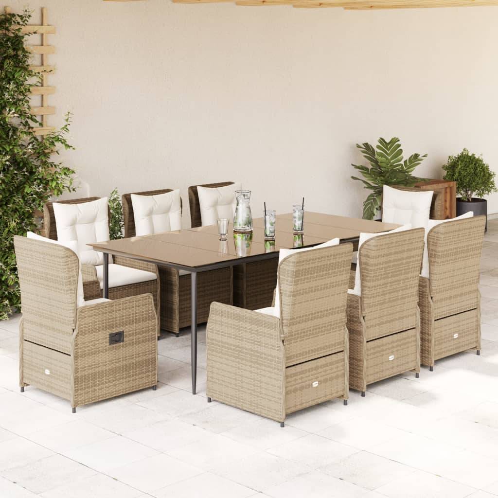 vidaXL Set de masă pentru grădină, 9 piese, cu perne, bej, poliratan