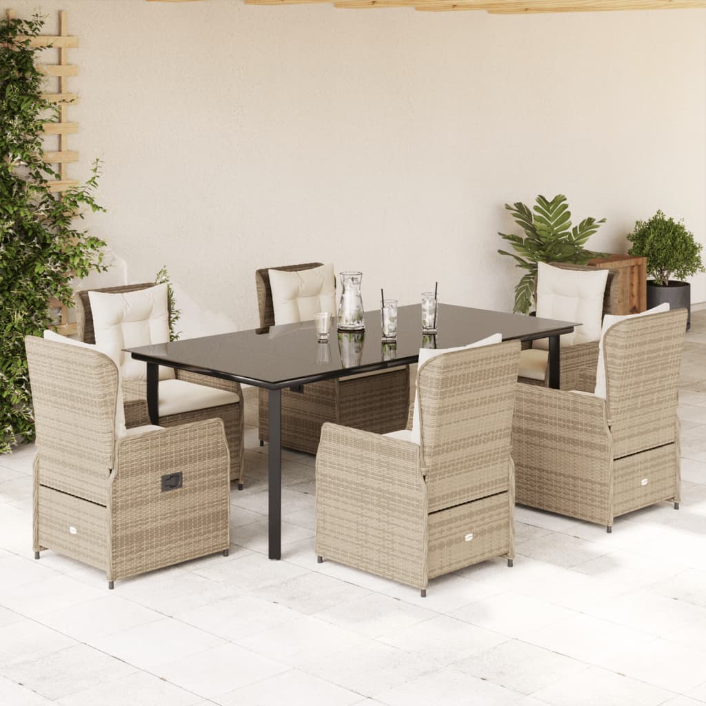 vidaXL Set de masă pentru grădină, 7 piese, cu perne, bej, poliratan