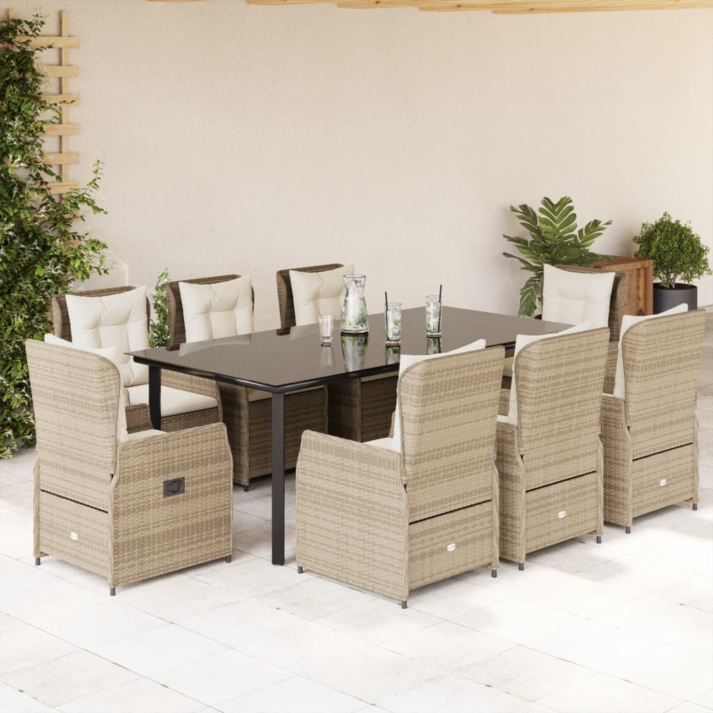 vidaXL Set de masă pentru grădină, 9 piese, cu perne, bej, poliratan