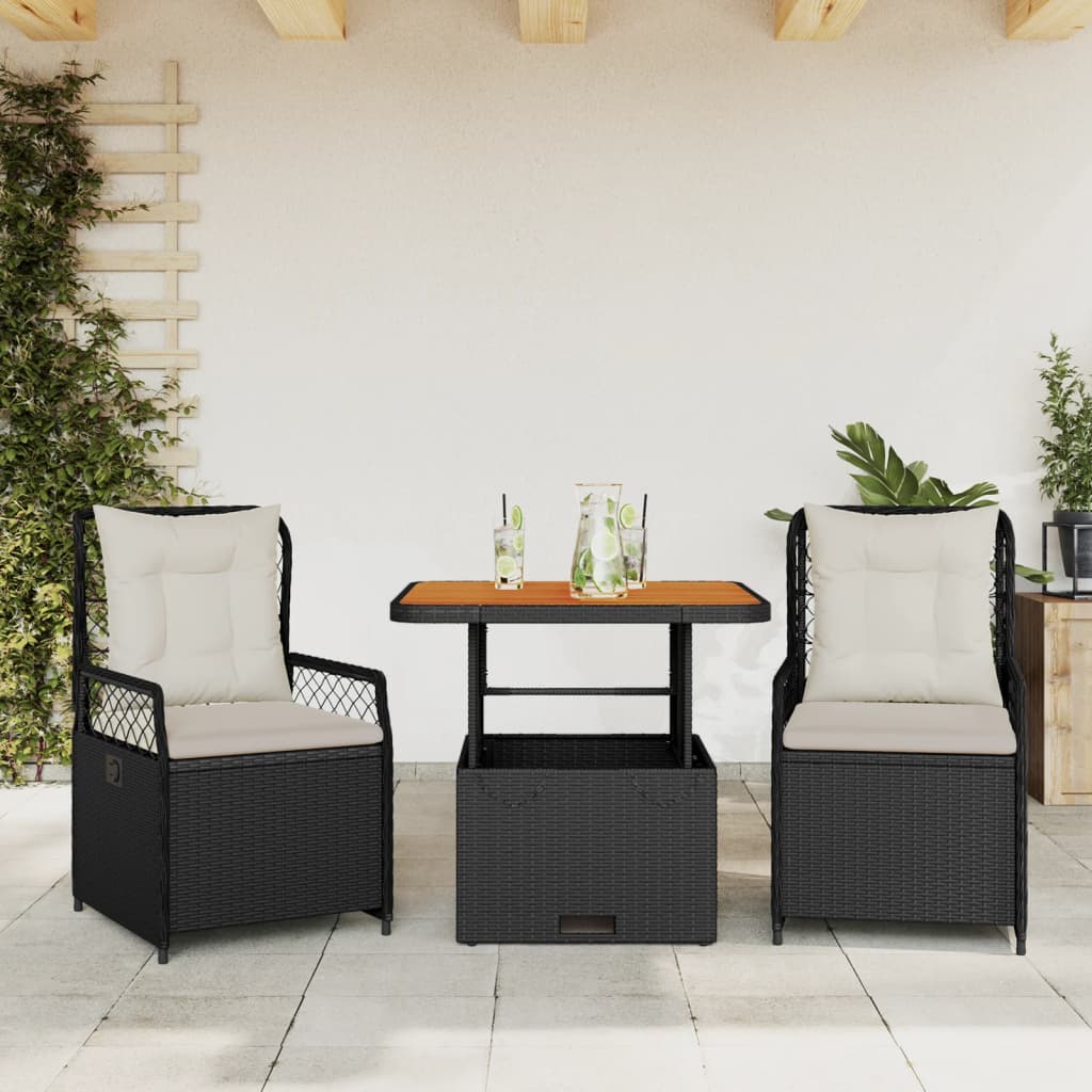 vidaXL Set mobilier de grădină cu perne, 3 piese, negru, poliratan