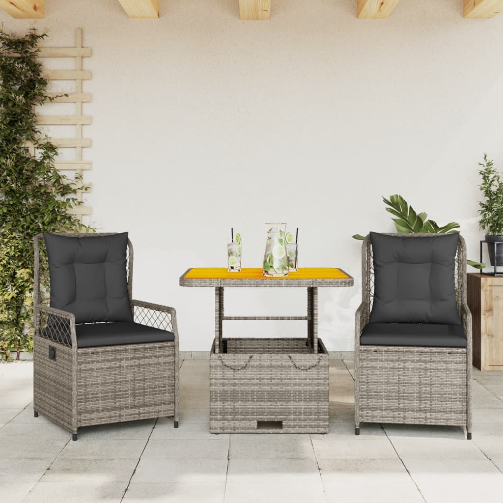 3-tlg. Garten-Essgruppe mit Kissen Grau Poly Rattan