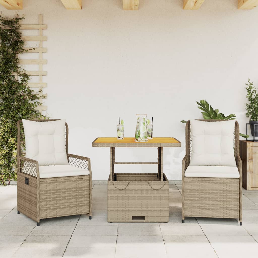 3-tlg. Garten-Essgruppe mit Kissen Beige Poly Rattan