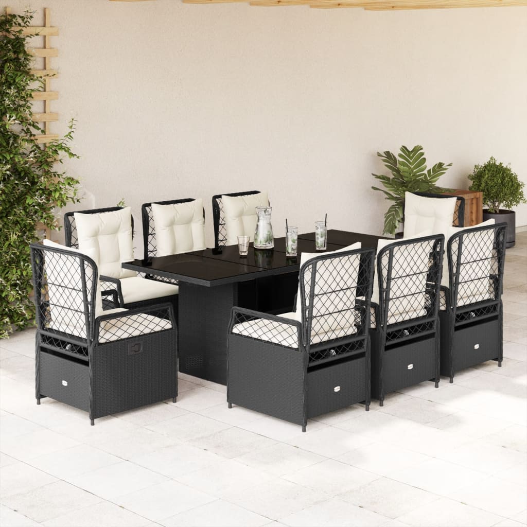 vidaXL 9-tlg. Garten-Essgruppe mit Kissen Schwarz Poly Rattan