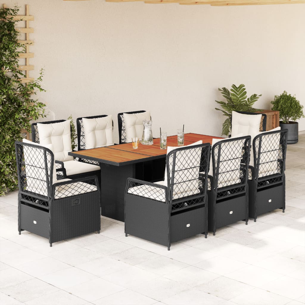 vidaXL 9-tlg. Garten-Essgruppe mit Kissen Schwarz Poly Rattan