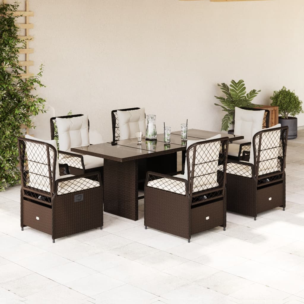 vidaXL 7-tlg. Garten-Essgruppe mit Kissen Braun Poly Rattan