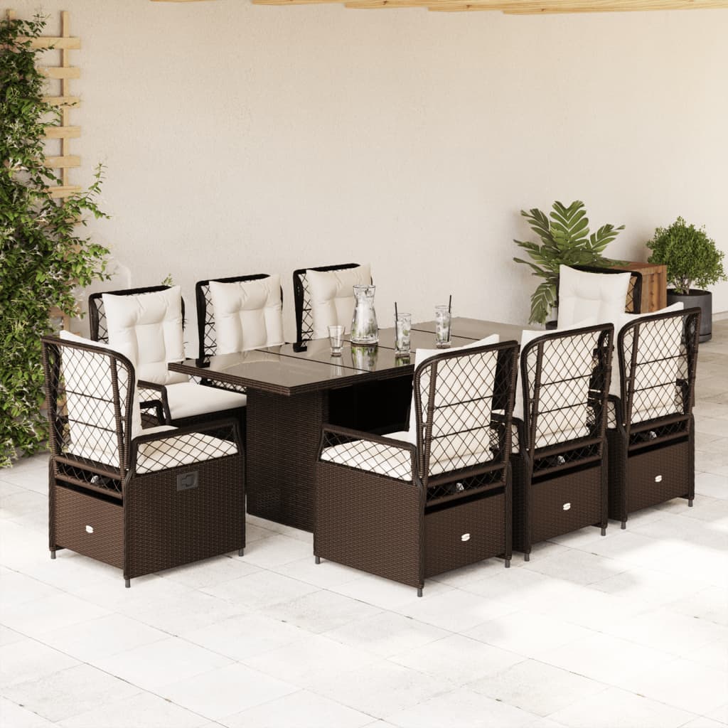 vidaXL 9-tlg. Garten-Essgruppe mit Kissen Braun Poly Rattan