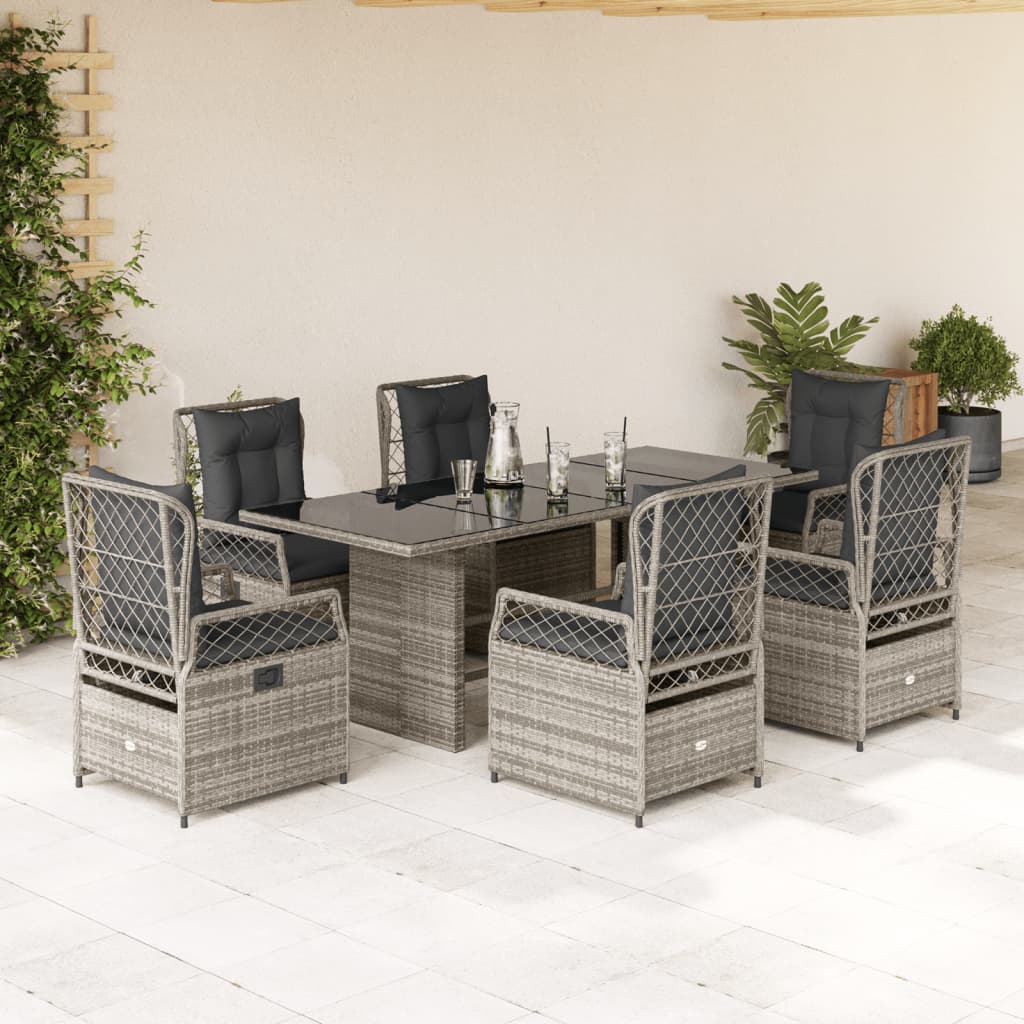 vidaXL 7-tlg. Garten-Essgruppe mit Kissen Grau Poly Rattan