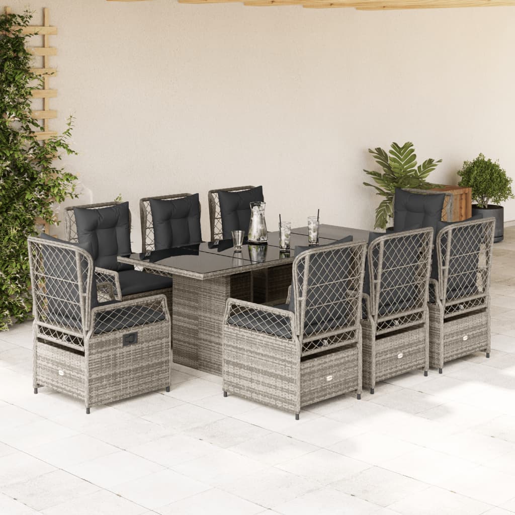 9-tlg. Garten-Essgruppe mit Kissen Grau Poly Rattan