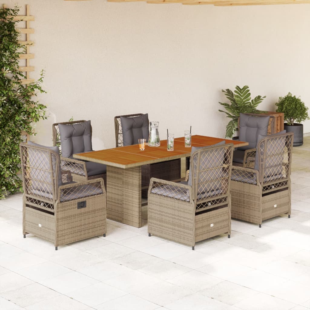 vidaXL 7-tlg. Garten-Essgruppe mit Kissen Beige Poly Rattan