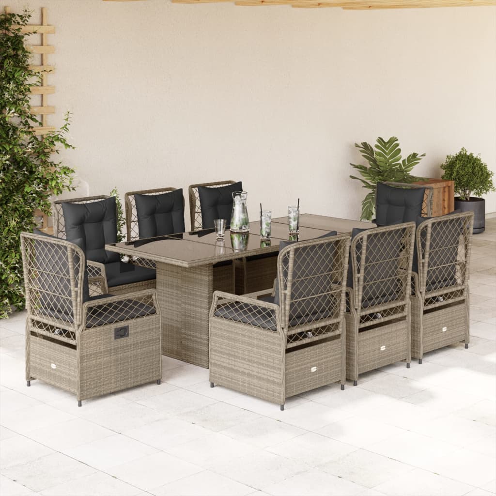 vidaXL 9-tlg. Garten-Essgruppe mit Kissen Hellgrau Poly Rattan