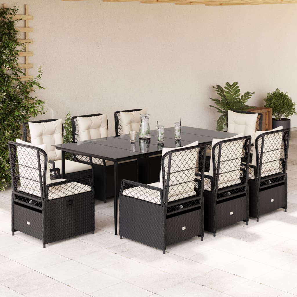 vidaXL Set mobilier de grădină cu perne, 9 piese, negru, poliratan