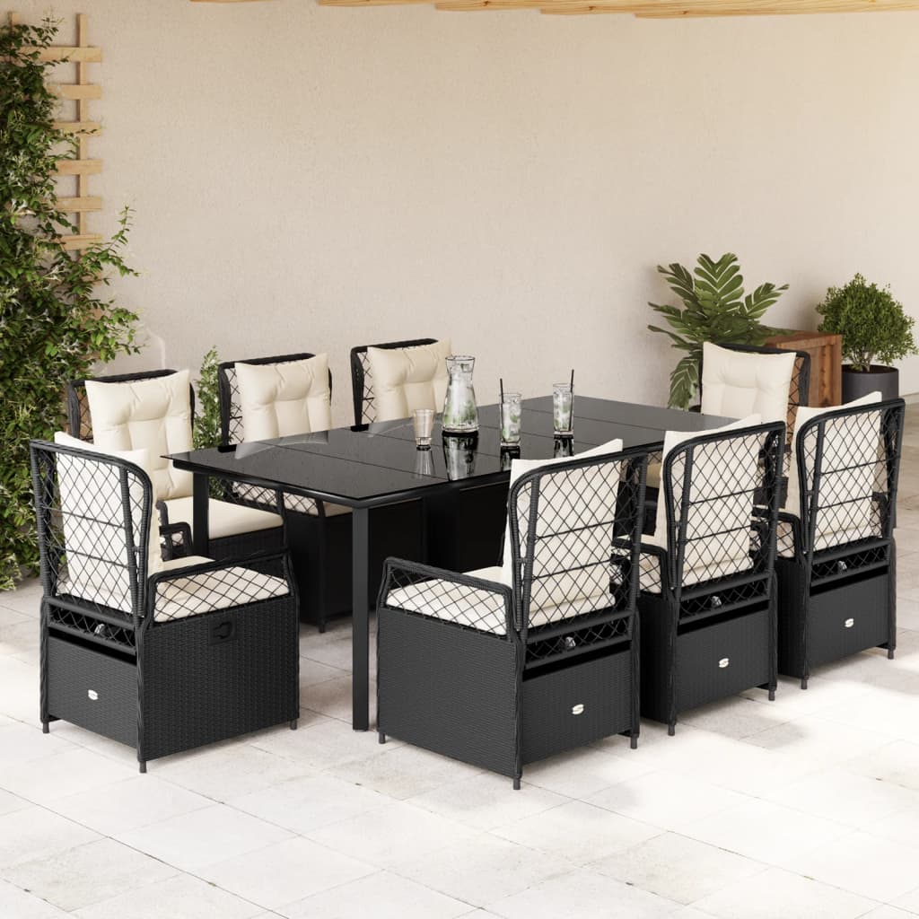 vidaXL Set mobilier de grădină cu perne, 9 piese, negru, poliratan