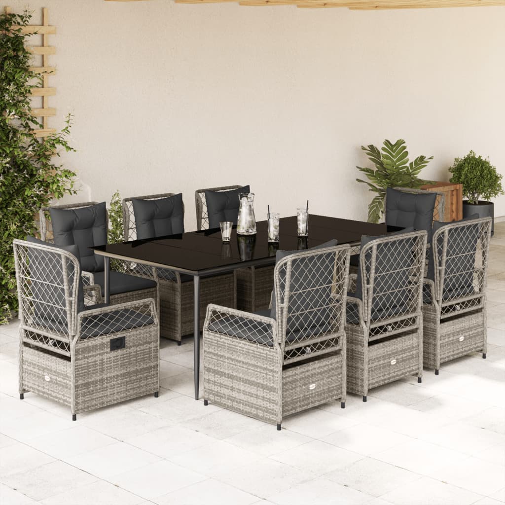 vidaXL 9-tlg. Garten-Essgruppe mit Kissen Grau Poly Rattan