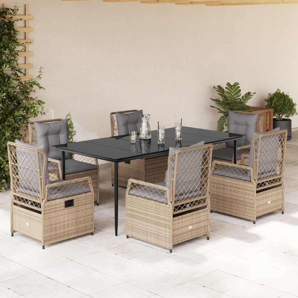 vidaXL Set de masă pentru grădină, 7 piese, cu perne, bej, poliratan