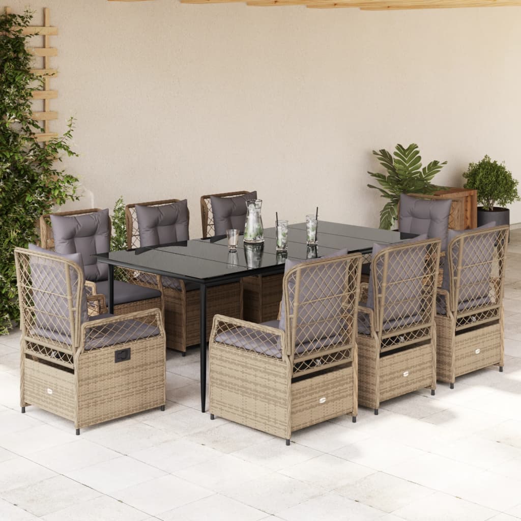 vidaXL Set de masă pentru grădină, 9 piese, cu perne, bej, poliratan