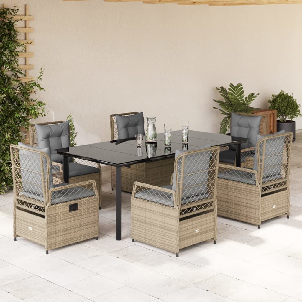 vidaXL Set de masă pentru grădină, 7 piese, cu perne, bej, poliratan