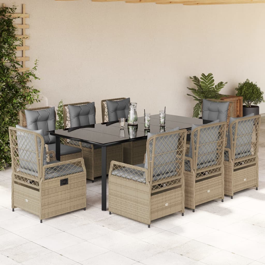vidaXL Set de masă pentru grădină, 9 piese, cu perne, bej, poliratan