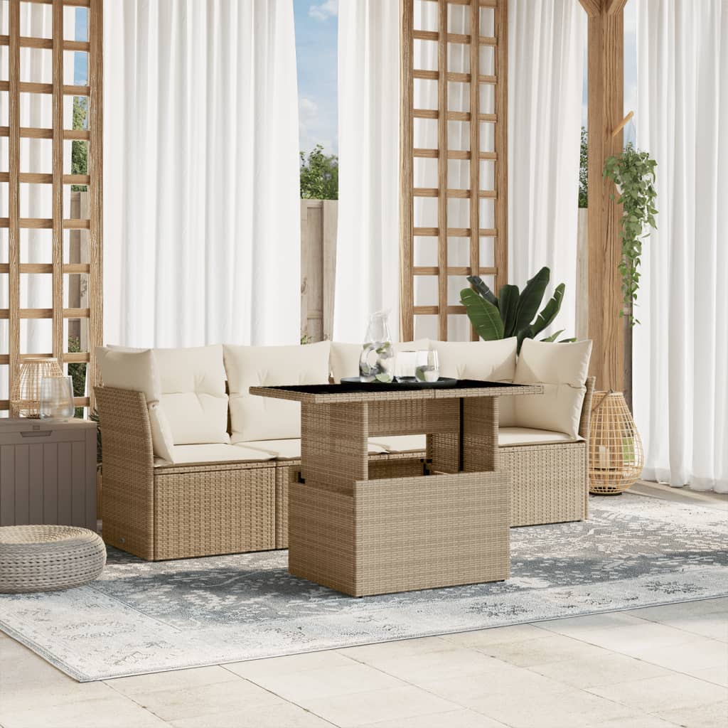 vidaXL 5-tlg. Garten-Sofagarnitur mit Kissen Beige Poly Rattan