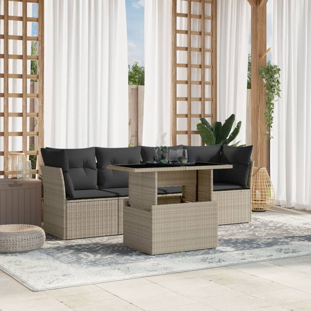 vidaXL 5-tlg. Garten-Sofagarnitur mit Kissen Hellgrau Poly Rattan