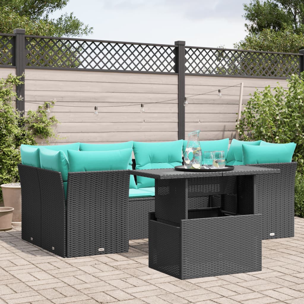 vidaXL 7-teiliges Gartensofa-Set mit Kissen, schwarzes Polyrattan