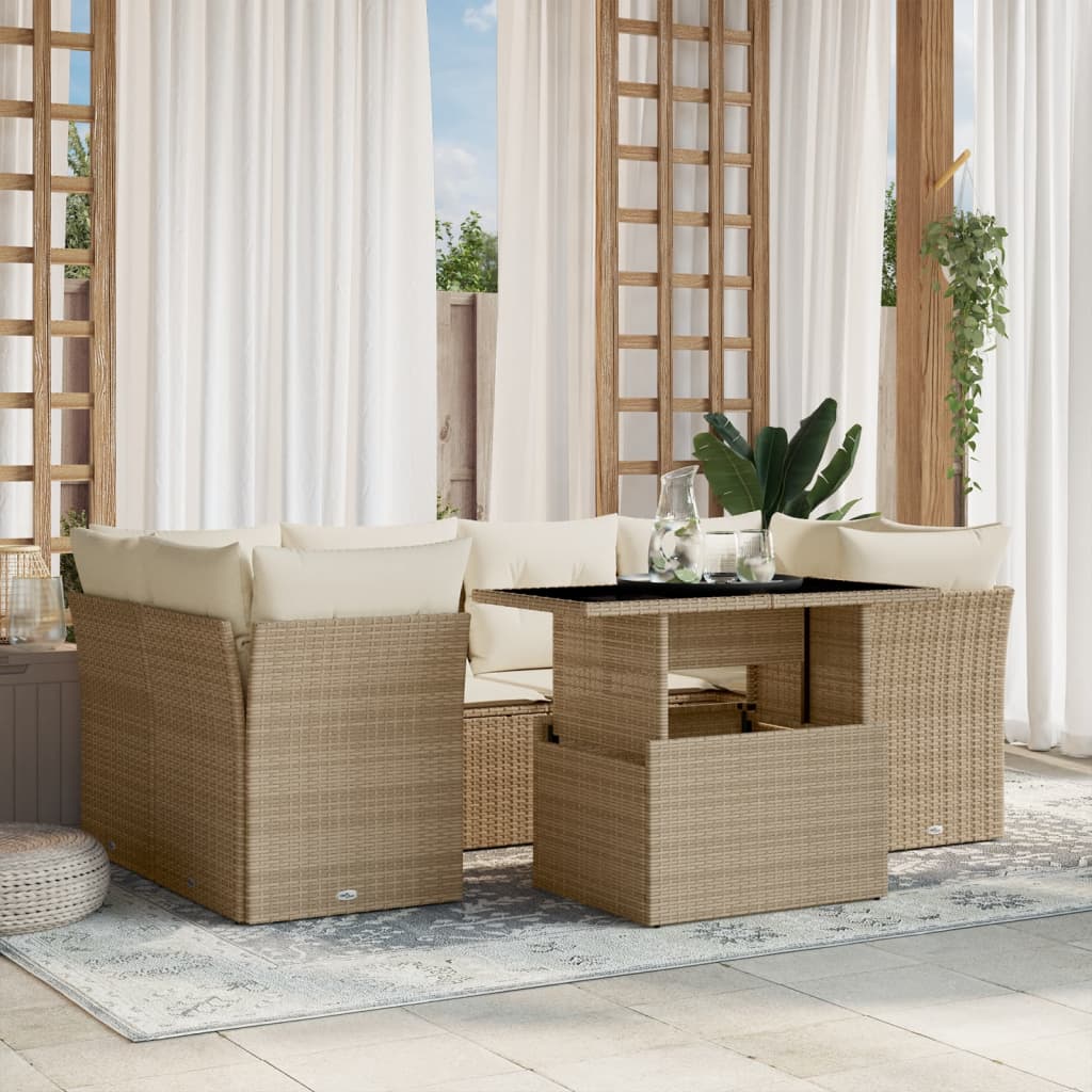 vidaXL 7-tlg. Garten-Sofagarnitur mit Kissen Beige Poly Rattan