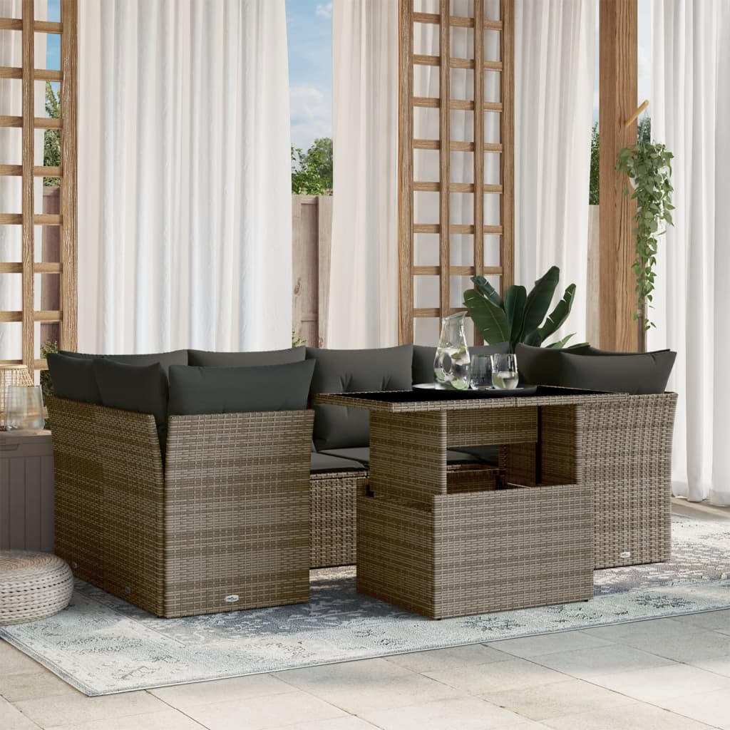 vidaXL 7-tlg. Garten-Sofagarnitur mit Kissen Grau Poly Rattan