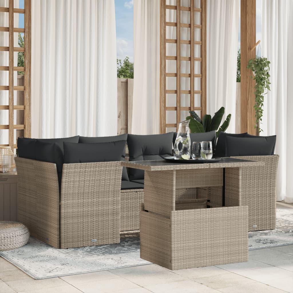 7-tlg. Garten-Sofagarnitur mit Kissen Hellgrau Poly Rattan