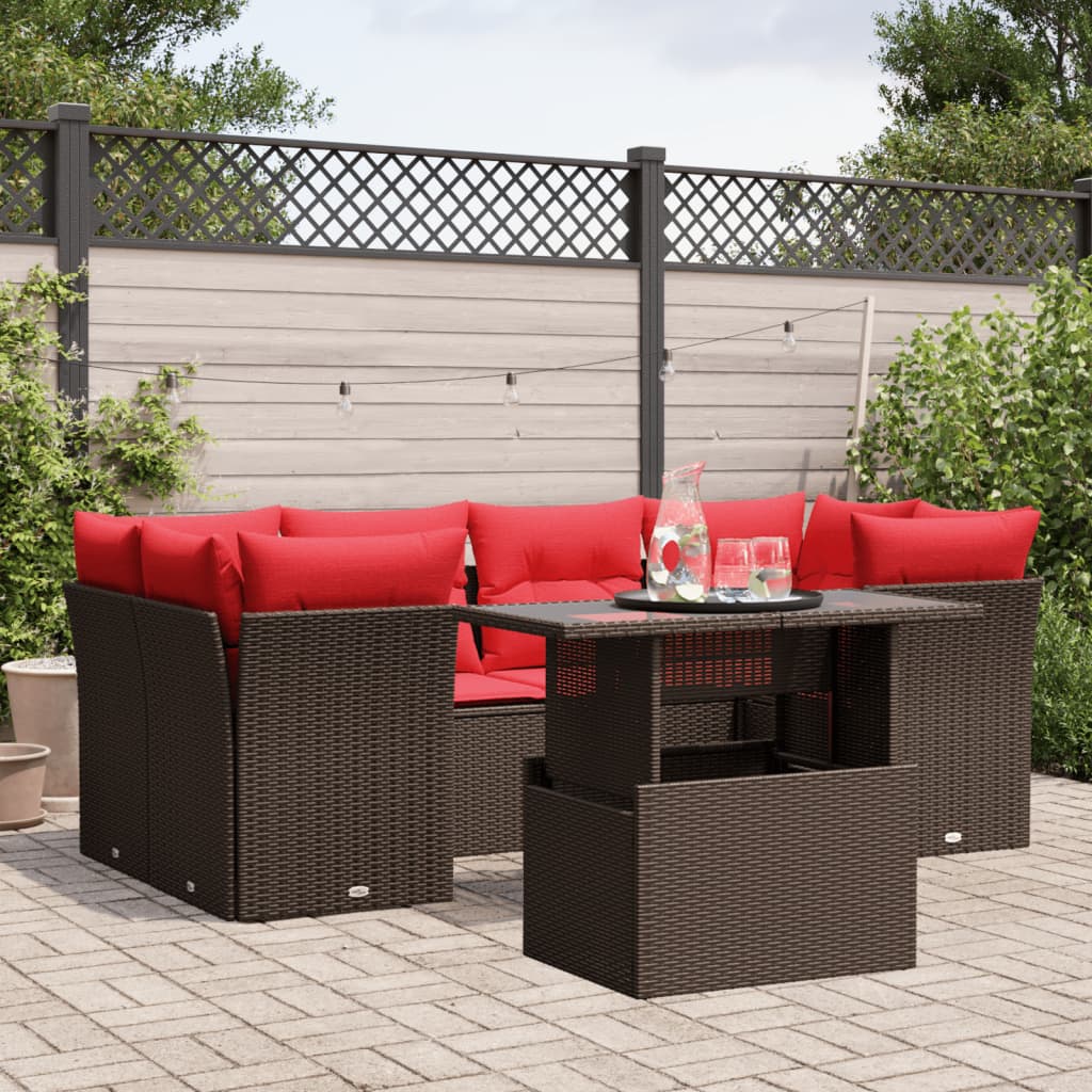 vidaXL 7-teiliges Gartensofa-Set mit Kissen, braun, Polyrattan