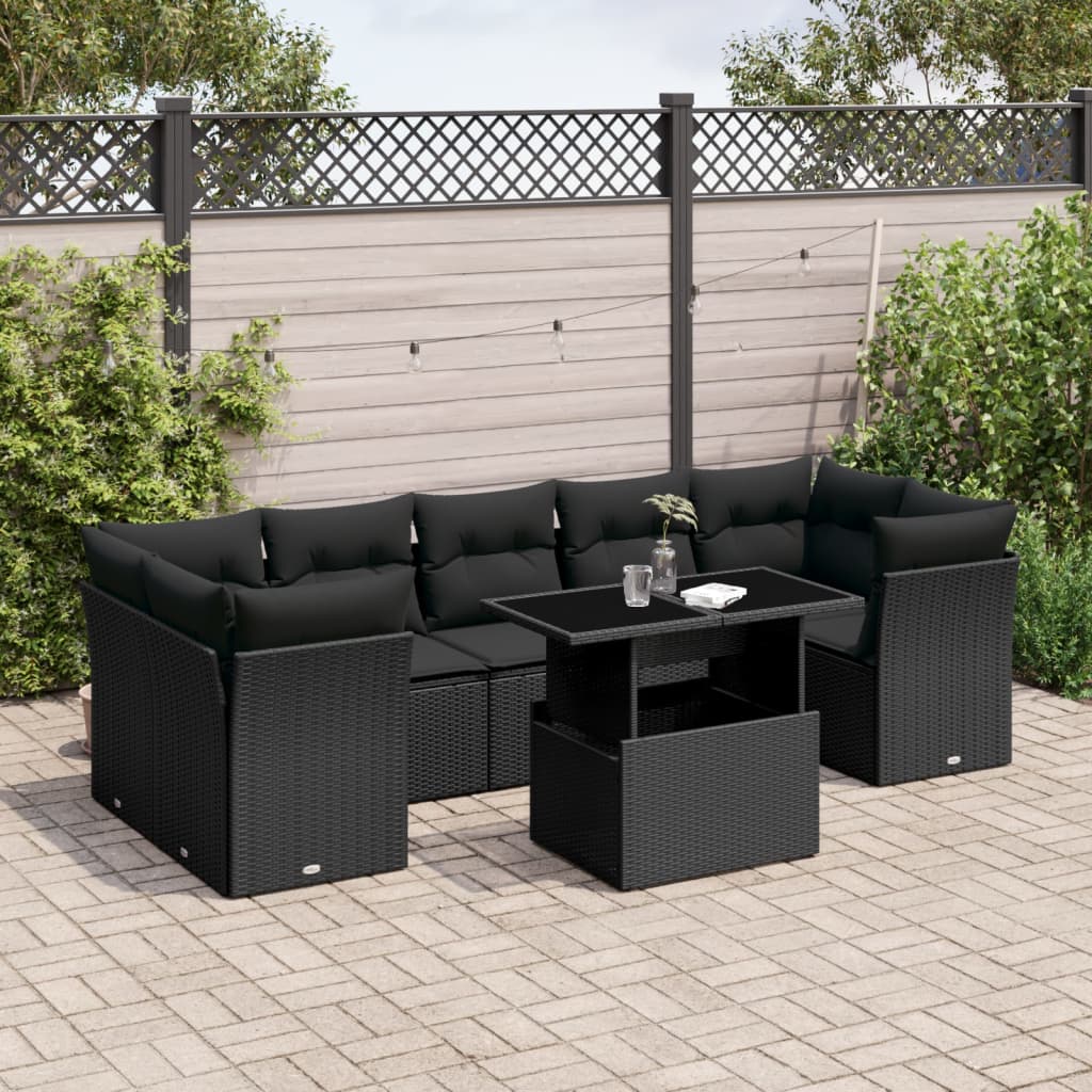 vidaXL 8-tlg. Garten-Sofagarnitur mit Kissen Schwarz Poly Rattan