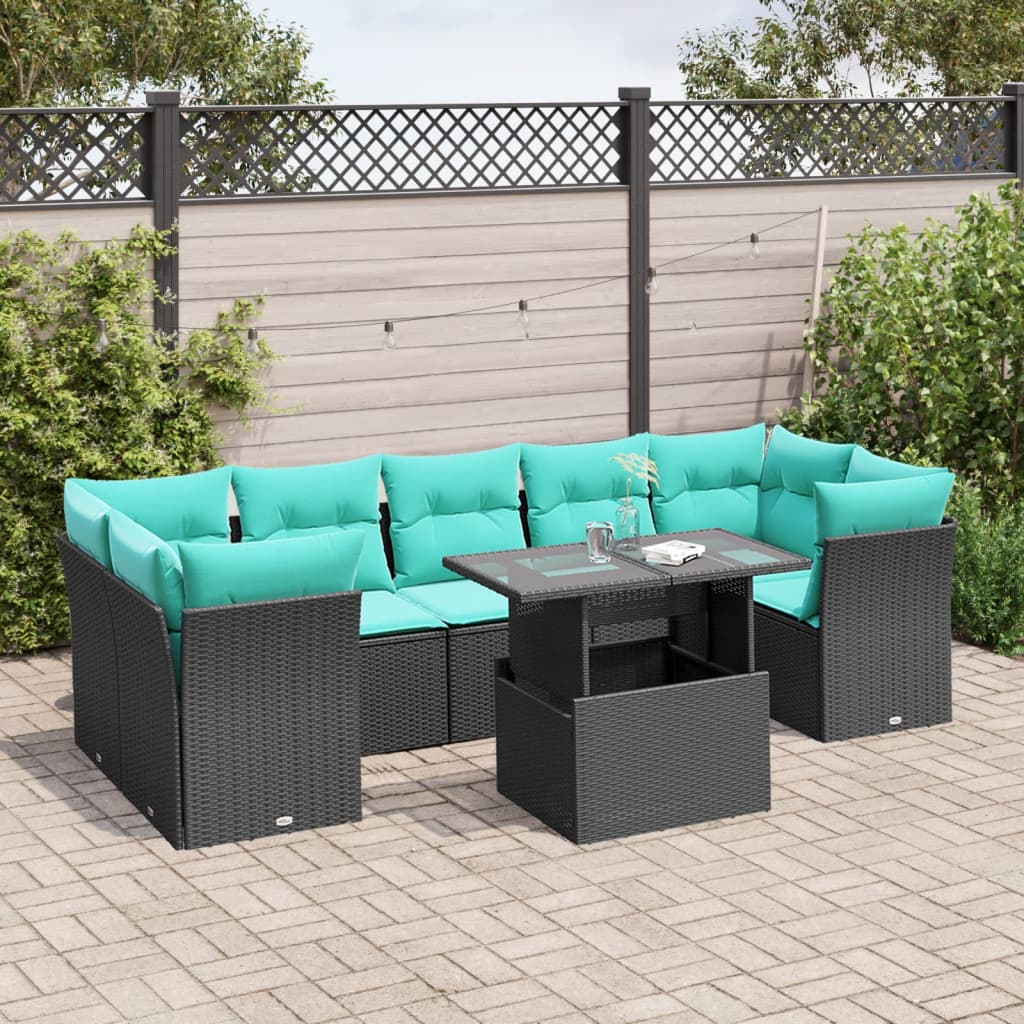 8-delige tuinbankset met kussens, zwart polyrotan – afbeelding 1