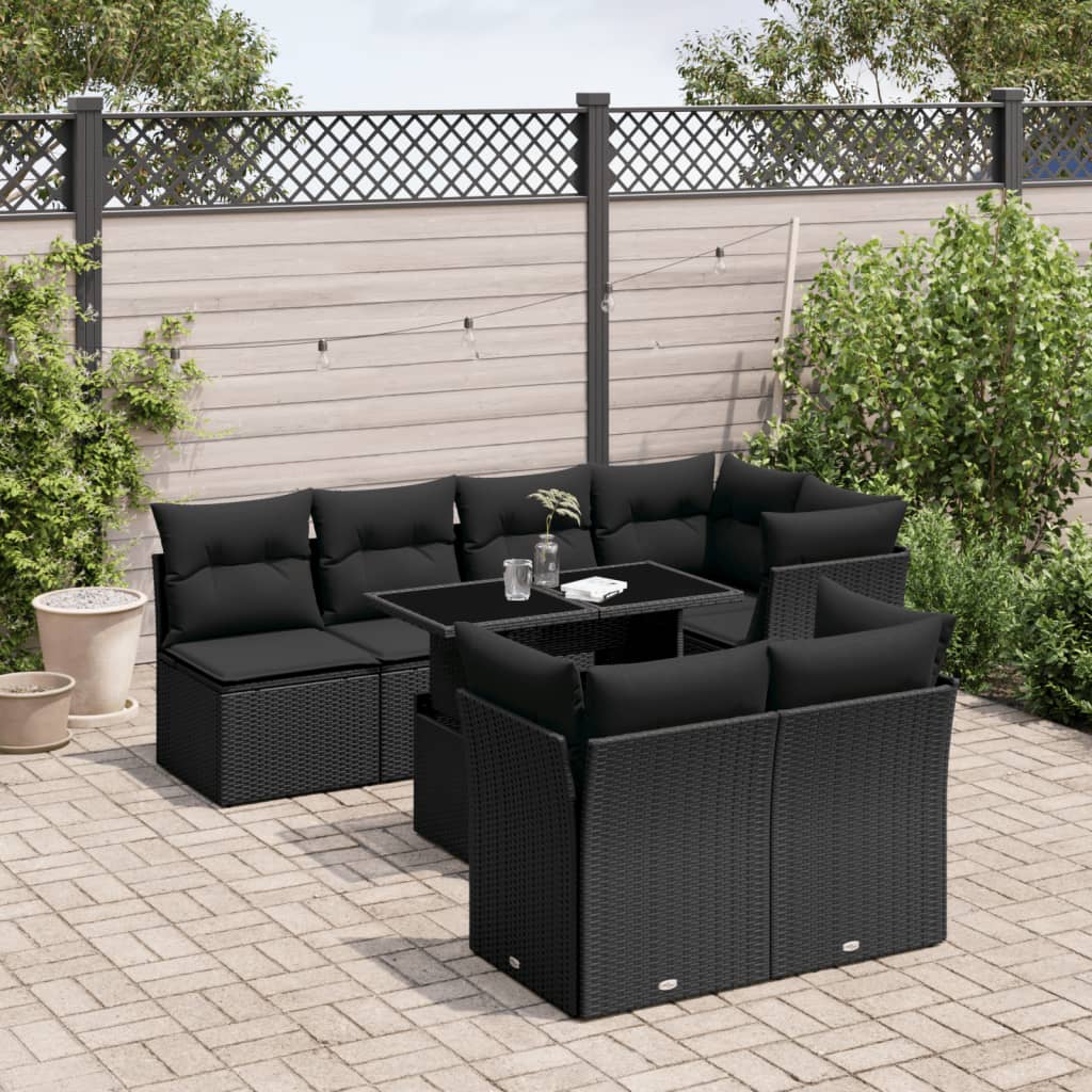 vidaXL Set mobilier de grădină cu perne, 8 piese, negru, poliratan