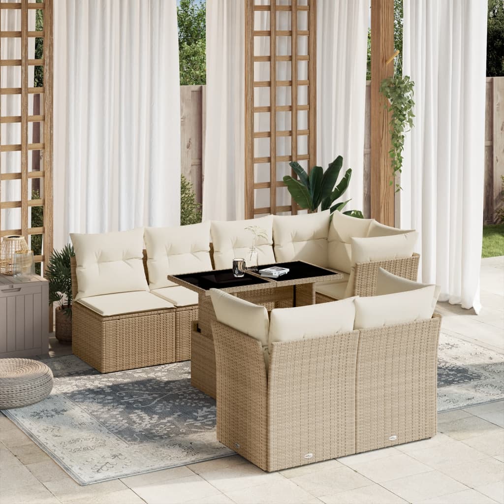 vidaXL 8-tlg. Garten-Sofagarnitur mit Kissen Beige Poly Rattan