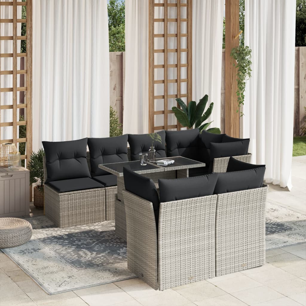 8-tlg. Garten-Sofagarnitur mit Kissen Hellgrau Poly Rattan