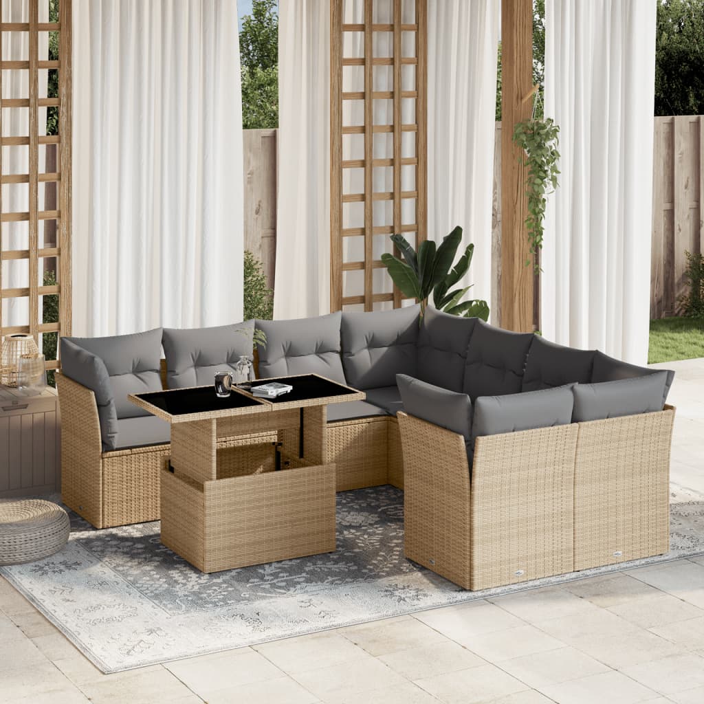 vidaXL 9-tlg. Garten-Sofagarnitur mit Kissen Beige Poly Rattan