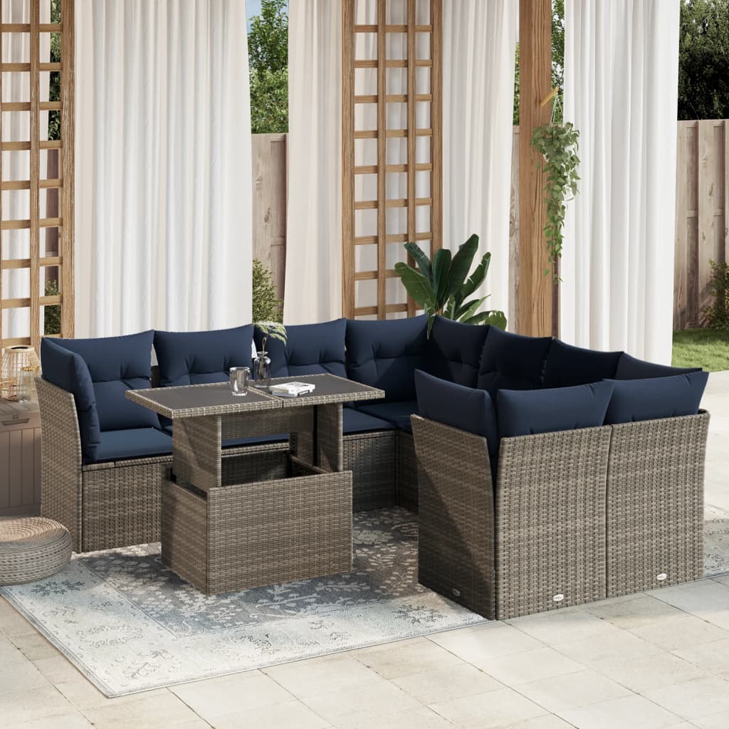 vidaXL 9-teiliges Gartensofa-Set mit Kissen, grau, Polyrattan